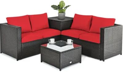 4 Pieces Outdoor Patio Rattan Furniture Set with Cushioned Loveseat and Storage Box