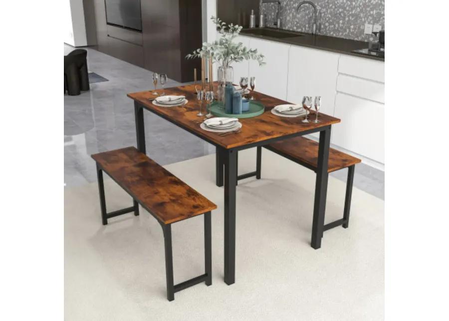 3 Pieces Farmhouse Dining Table Set with Space-Saving Design- Brown