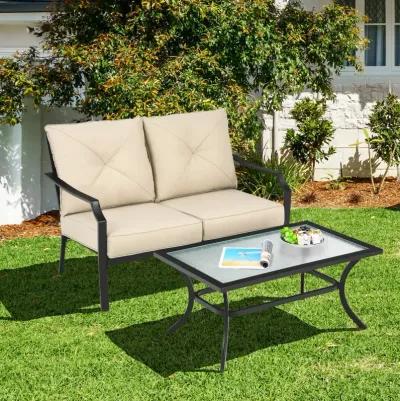 2-Piece Patio Outdoor Cushioned Sofa Bench with Coffee Table for Garden and Backyard Relaxation