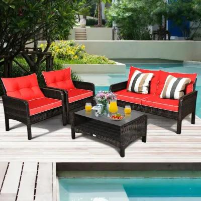 4 Pieces Outdoor Rattan Wicker Loveseat Furniture Set with Cushions