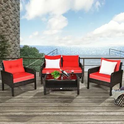 4 Pieces Outdoor Rattan Wicker Loveseat Furniture Set with Cushions