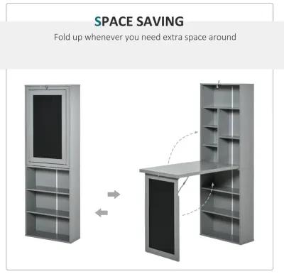 Gray Space-Saving Desk: Wall-Mounted Folding Table with Shelf