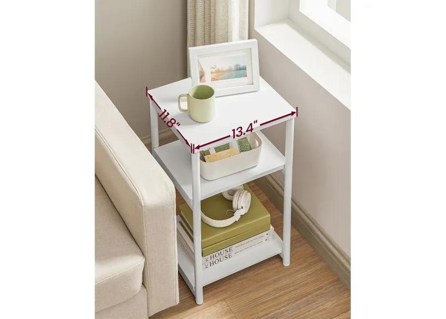 Tall Slim Side Table with Storage Shelves and Steel Frame for Living Room or Bedroom`