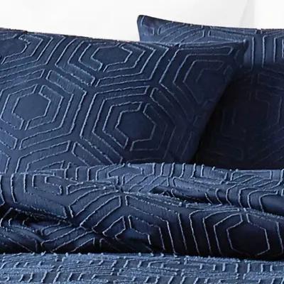 Jose 3 Piece Queen Size Comforter Set, Matching Shams, Jacquard Navy Blue - Benzara