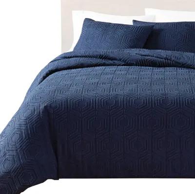 Jose 3 Piece Queen Size Comforter Set, Matching Shams, Jacquard Navy Blue - Benzara