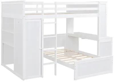 Full Size Loft Bed With A Twin Size Stand-Alone Bed, Shelves, Desk, And Wardrobe