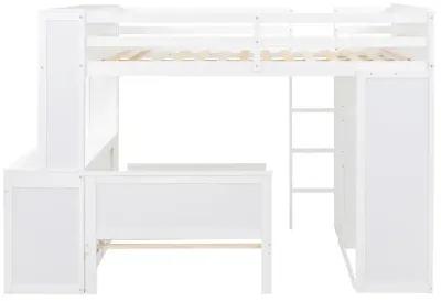 Full Size Loft Bed With A Twin Size Stand-Alone Bed, Shelves, Desk, And Wardrobe