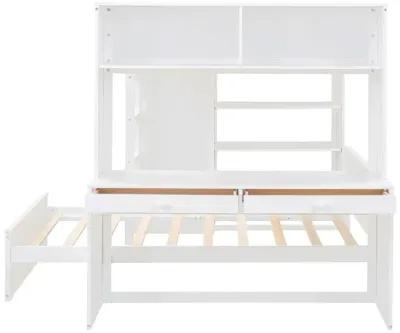 Full Size Loft Bed With A Twin Size Stand-Alone Bed, Shelves, Desk, And Wardrobe