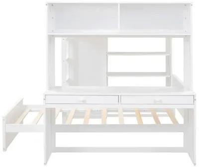 Full Size Loft Bed With A Twin Size Stand-Alone Bed, Shelves, Desk, And Wardrobe