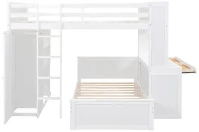 Full Size Loft Bed With A Twin Size Stand-Alone Bed, Shelves, Desk, And Wardrobe