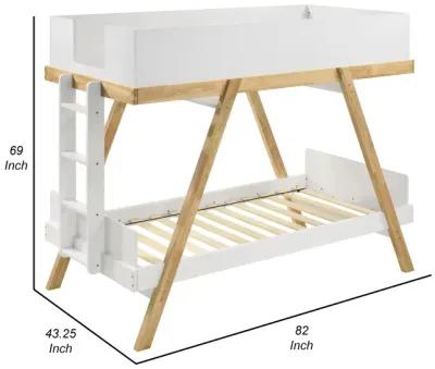 Anky Twin Size Bunk Bed, Brown Wood, 3 Side Panel Rails, Ladder, White - Benzara