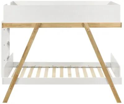 Anky Twin Size Bunk Bed, Brown Wood, 3 Side Panel Rails, Ladder, White - Benzara