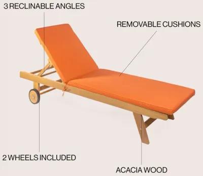 Mallorca Modern Classic Adjustable Acacia Wood Chaise Outdoor Lounge Chair with Cushion & Wheels