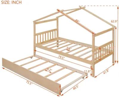 Twin Size Wooden House Bed With Twin Size Trundle, Natural