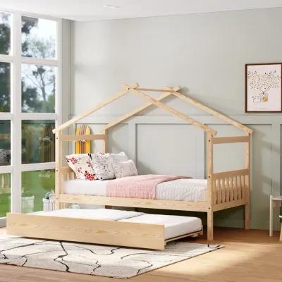 Twin Size Wooden House Bed With Twin Size Trundle, Natural