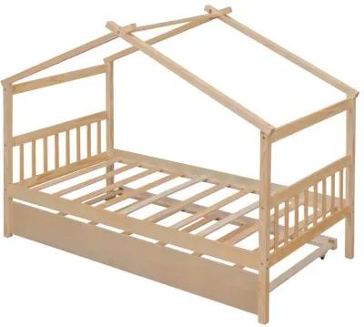 Twin Size Wooden House Bed With Twin Size Trundle, Natural