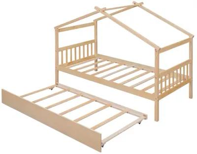 Twin Size Wooden House Bed With Twin Size Trundle, Natural