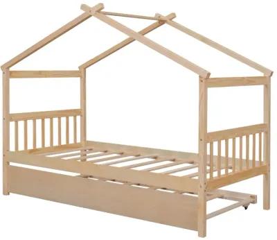 Twin Size Wooden House Bed With Twin Size Trundle, Natural