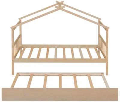 Twin Size Wooden House Bed With Twin Size Trundle, Natural