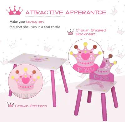 Pink Princess Set: Kids 3-Piece Wood Table and Chair with Crown Pattern