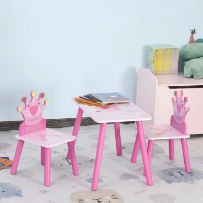 Pink Princess Set: Kids 3-Piece Wood Table and Chair with Crown Pattern