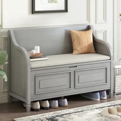 Rustic Style Solid Wood Entryway Multifunctional Storage Bench With Safety Hinge (Gray Wash+ Beige)