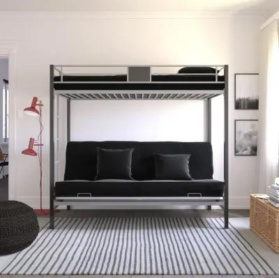 Reeta Twin over Futon Metal Bunk Bed, Silver and Black