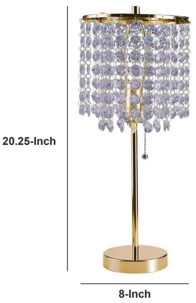 Metal Stalk Design Table Lamp with Hanging Crystals Shade, Gold-Benzara