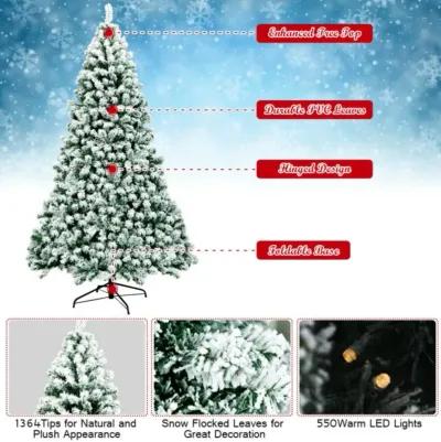 7.5 Feet Pre-Lit Premium Snow Flocked Hinged Artificial Christmas Tree with 550 Lights