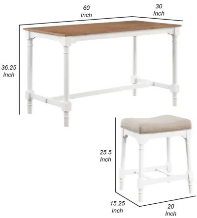 Hima 5 Piece Counter Height Table Set with 4 Stools, Beige Fabric, White - Benzara