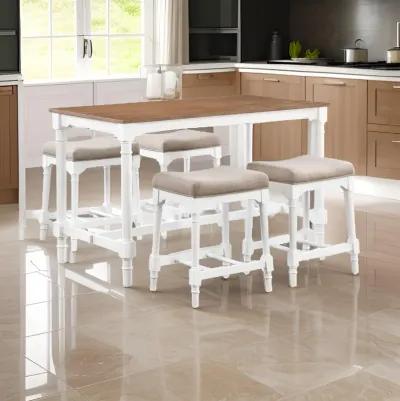 Hima 5 Piece Counter Height Table Set with 4 Stools, Beige Fabric, White - Benzara