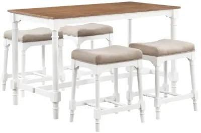 Hima 5 Piece Counter Height Table Set with 4 Stools, Beige Fabric, White - Benzara