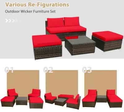 5 Pieces Patio Rattan Furniture Set with Cushioned Armless Sofa