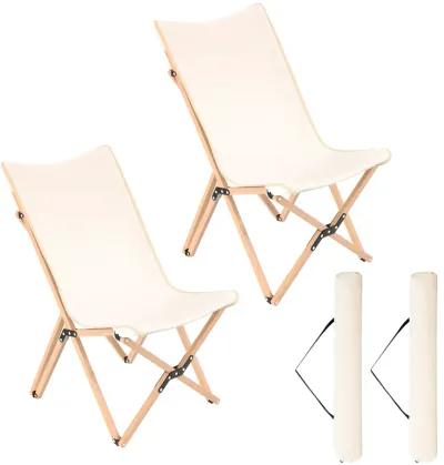 Set of 2 Bamboo Dorm Chair with Storage Pocket for Camping and Fishing-Beige