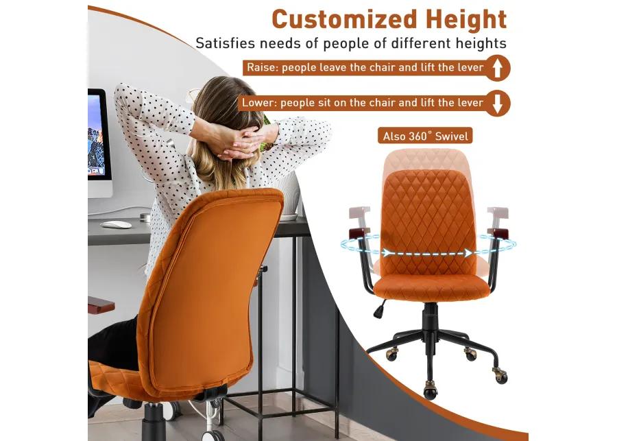 Costway Velvet Home Office Chair Swivel Adjustable Task Chair w/ Wooden Armrest Orange