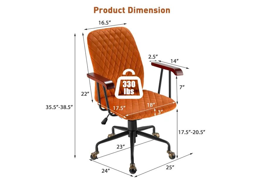 Costway Velvet Home Office Chair Swivel Adjustable Task Chair w/ Wooden Armrest Orange