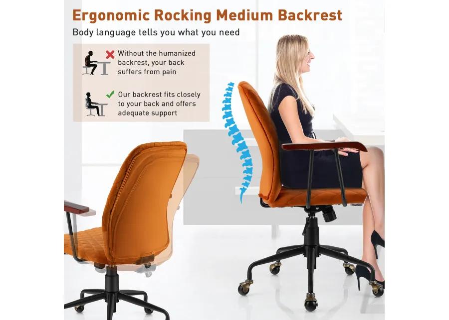 Costway Velvet Home Office Chair Swivel Adjustable Task Chair w/ Wooden Armrest Orange