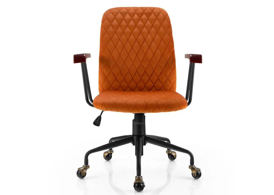 Costway Velvet Home Office Chair Swivel Adjustable Task Chair w/ Wooden Armrest Orange