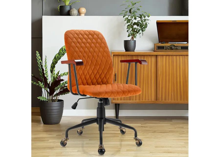 Costway Velvet Home Office Chair Swivel Adjustable Task Chair w/ Wooden Armrest Orange