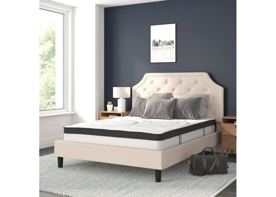 Brighton Queen Size Tufted Upholstered Platform Bed in Beige Fabric with 10 Inch CertiPUR-US Certified Pocket Spring Mattress