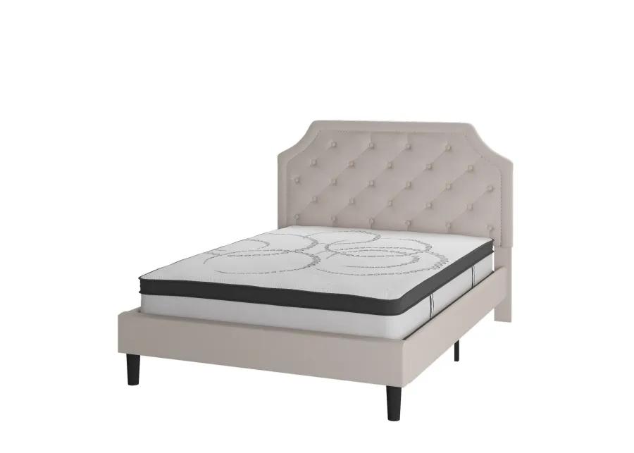 Brighton Queen Size Tufted Upholstered Platform Bed in Beige Fabric with 10 Inch CertiPUR-US Certified Pocket Spring Mattress