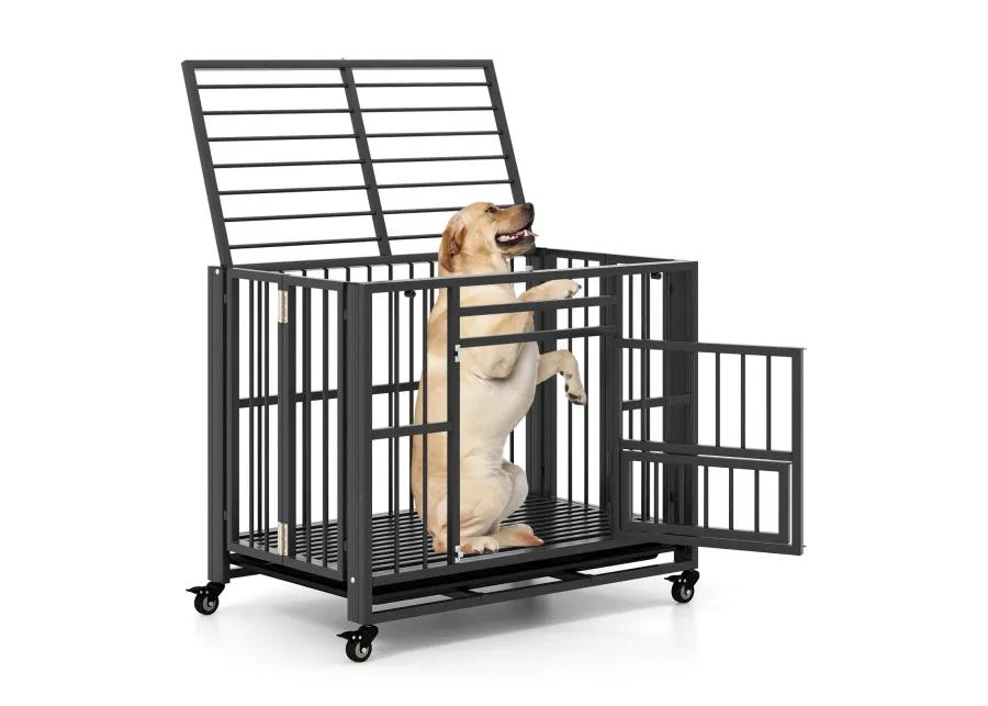 Foldable Heavy-Duty Metal Dog Cage Chew-proof Dog Crate with Lockable Universal Wheels