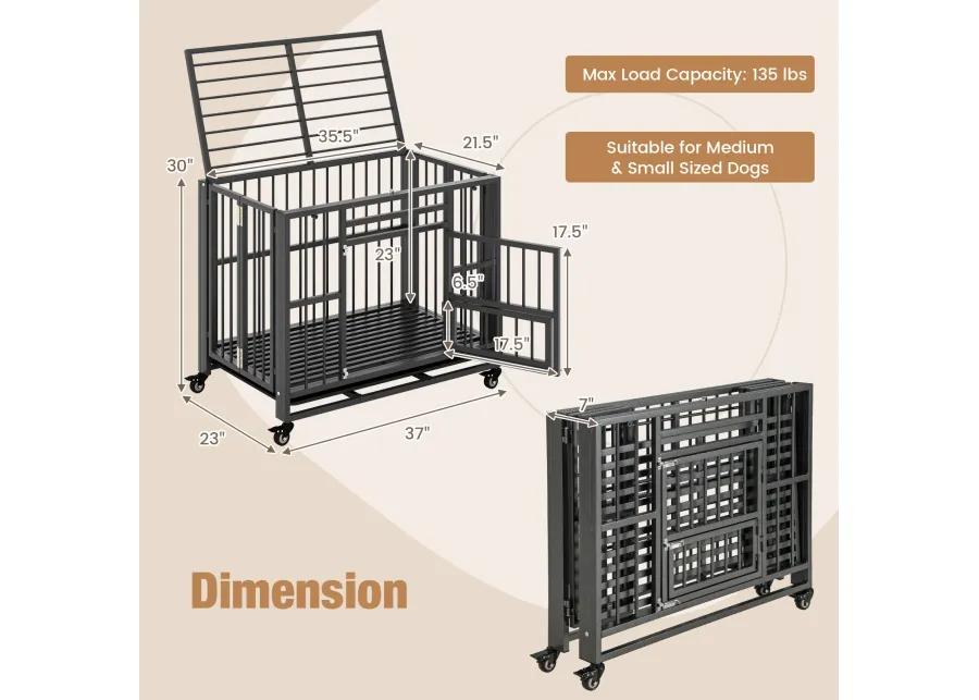 Foldable Heavy-Duty Metal Dog Cage Chew-proof Dog Crate with Lockable Universal Wheels