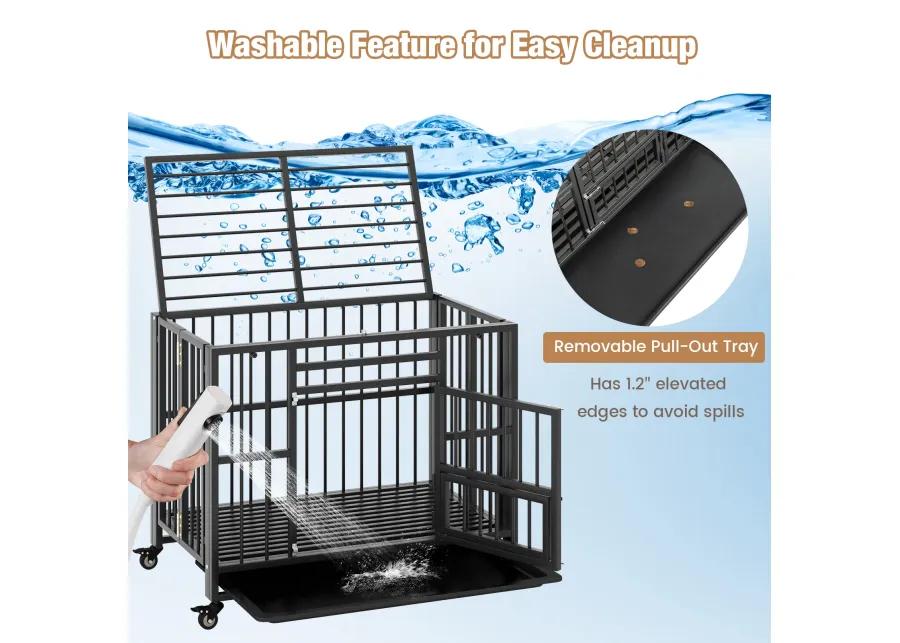 Foldable Heavy-Duty Metal Dog Cage Chew-proof Dog Crate with Lockable Universal Wheels