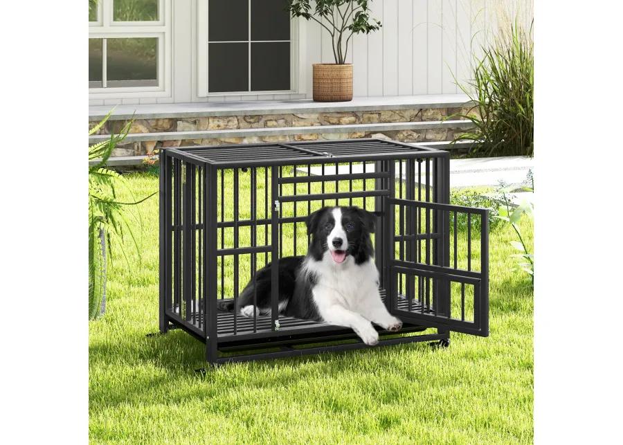 Foldable Heavy-Duty Metal Dog Cage Chew-proof Dog Crate with Lockable Universal Wheels