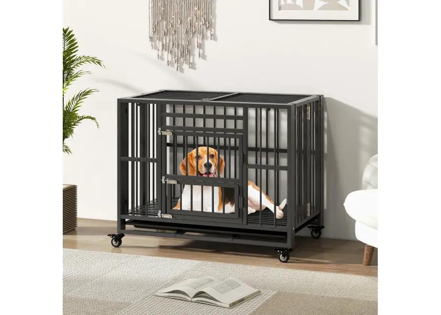 Foldable Heavy-Duty Metal Dog Cage Chew-proof Dog Crate with Lockable Universal Wheels