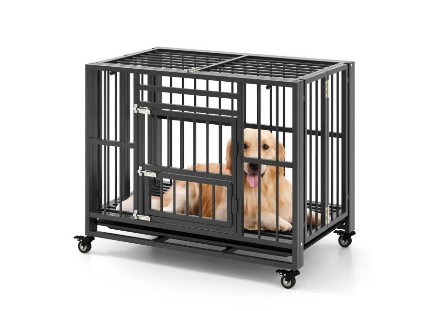 Foldable Heavy-Duty Metal Dog Cage Chew-proof Dog Crate with Lockable Universal Wheels