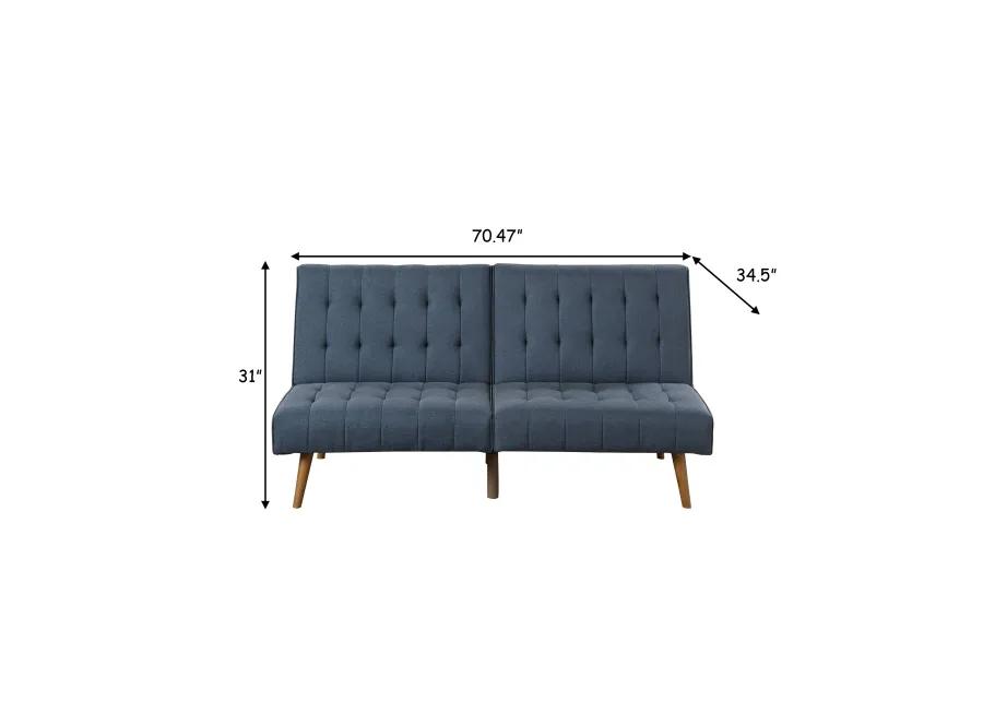 Ara 71 Inch Adjustable Futon Sofa Bed, Plush Cushioning, Tapered Legs, Blue - Benzara