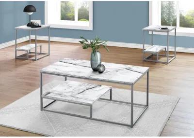 Monarch Specialties I 7963P Table Set, 3pcs Set, Coffee, End, Side, Accent, Living Room, Metal, Laminate, White Marble Look, Grey, Contemporary, Modern