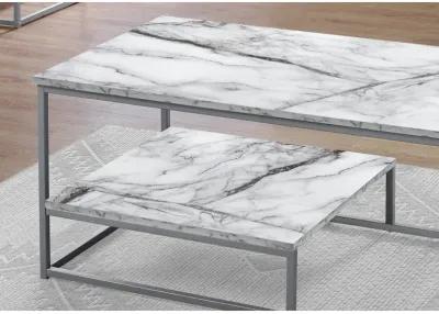 Monarch Specialties I 7963P Table Set, 3pcs Set, Coffee, End, Side, Accent, Living Room, Metal, Laminate, White Marble Look, Grey, Contemporary, Modern